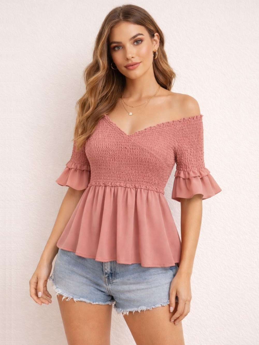 Crossover Shirred Off The Shoulder Blouse